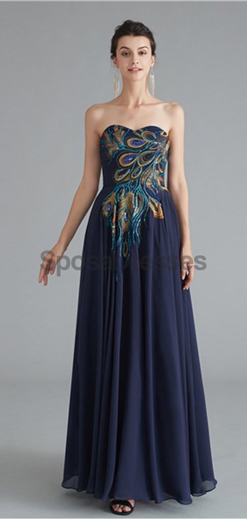 Navy Sweetheart Embroidery Cheap Long Evening Prom Dresses, Evening Party Prom Dresses, 12123
