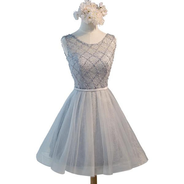 Sexy Open Back Grey Lace Beaded Homecoming Prom Dresses, Affordable Short Party Prom Dresses, Perfect Homecoming Dresses, CM286