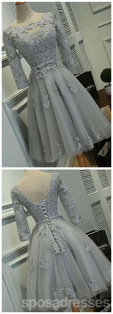 Long Sleeves Grey Lace Short Cheap Homecoming Dresses Online, CM561