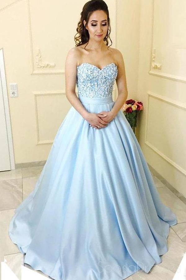 Strapless Sweetheart A line Light Blue Satin Long Evening Prom Dresses, 17462