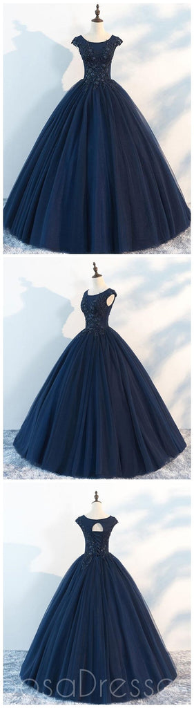 Navy Cap Sleeves Ball Gown Tulle Cheap Long Evening Prom Dresses, Custom Sweet16 Dresses, 18410