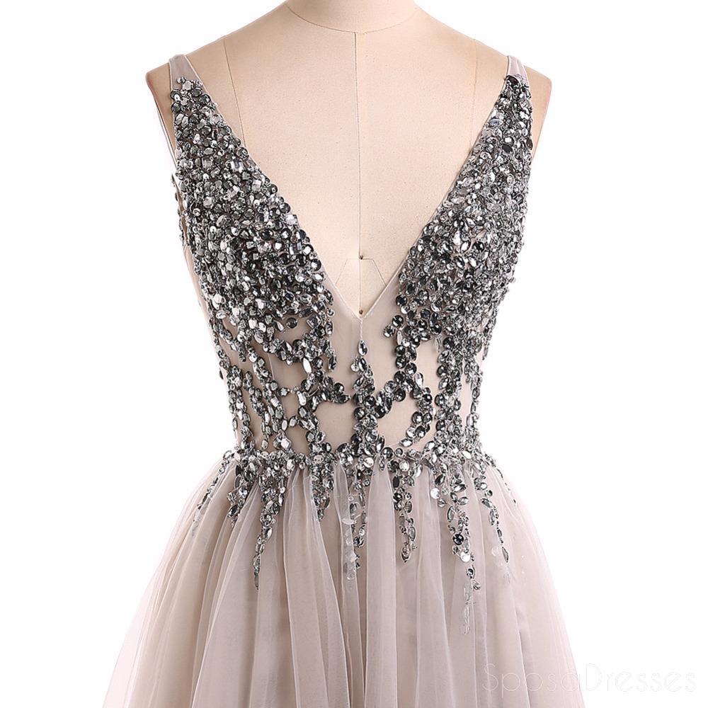 Grey V Neck See Through Beaded Long Evening Prom Dresses, Cheap Sweet 16 Dresses, 18351