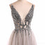 Grey V Neck See Through Beaded Long Evening Prom Dresses, Cheap Sweet 16 Dresses, 18351