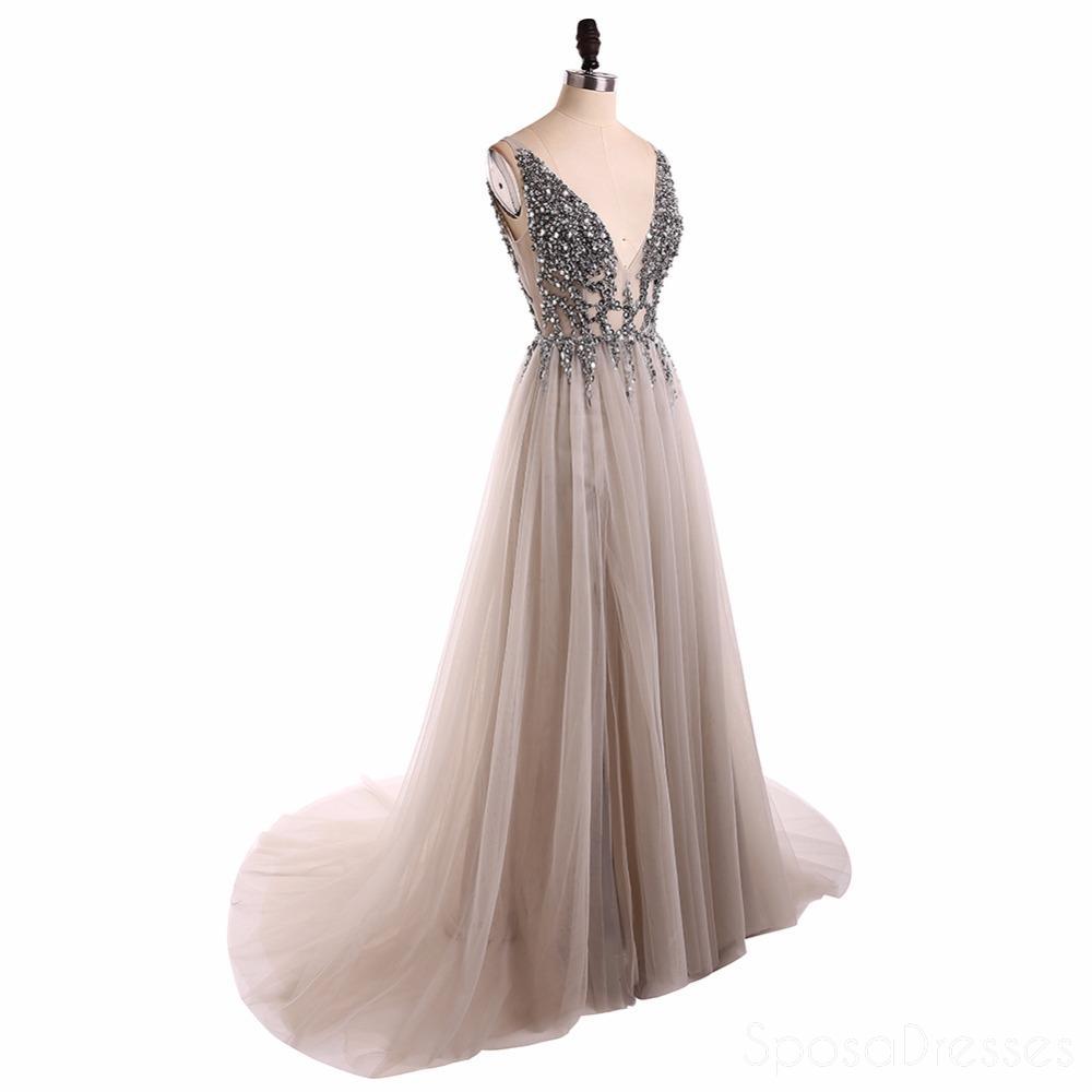 Grey V Neck See Through Beaded Long Evening Prom Dresses, Cheap Sweet 16 Dresses, 18351
