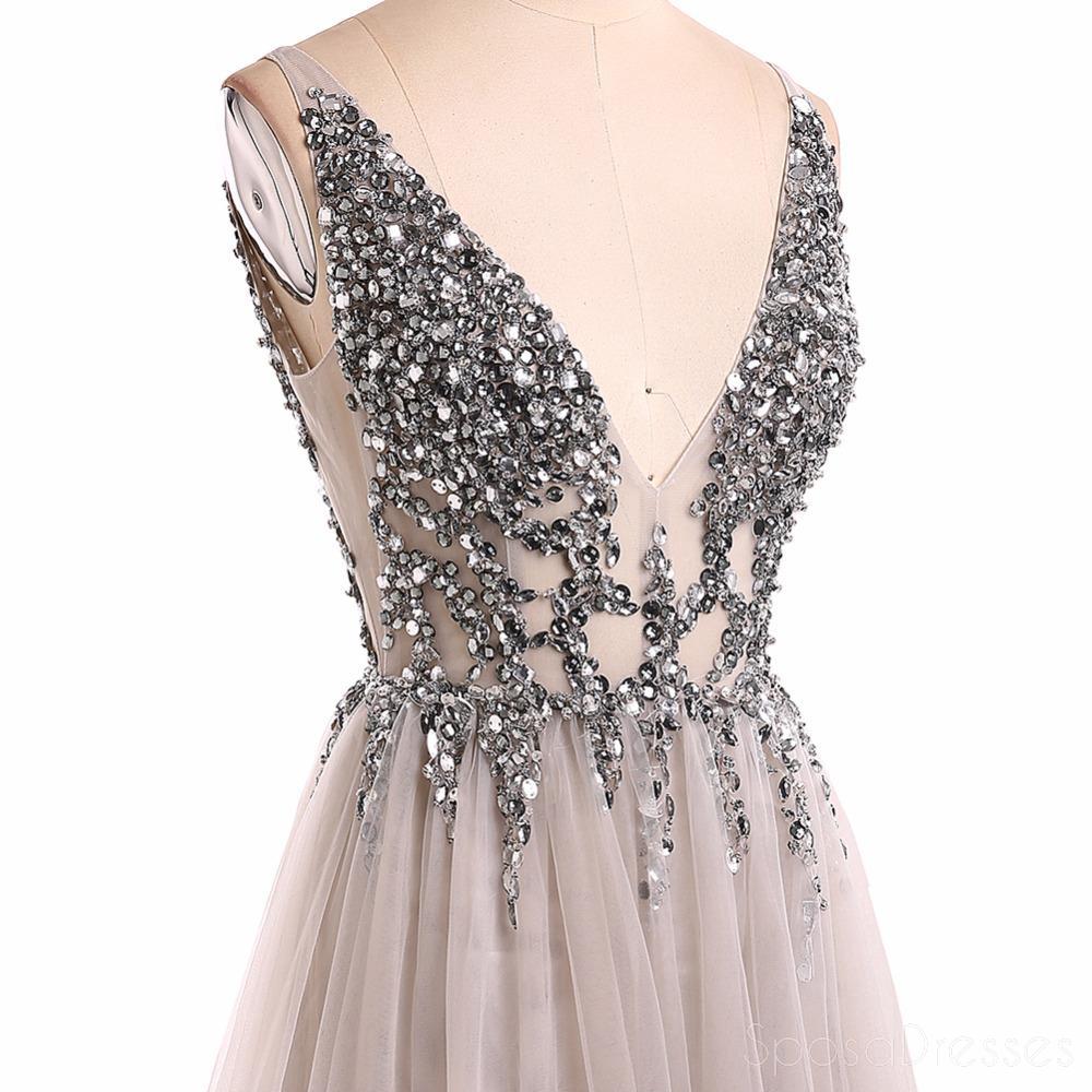 Grey V Neck See Through Beaded Long Evening Prom Dresses, Cheap Sweet 16 Dresses, 18351