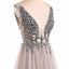 Grey V Neck See Through Beaded Long Evening Prom Dresses, Cheap Sweet 16 Dresses, 18351