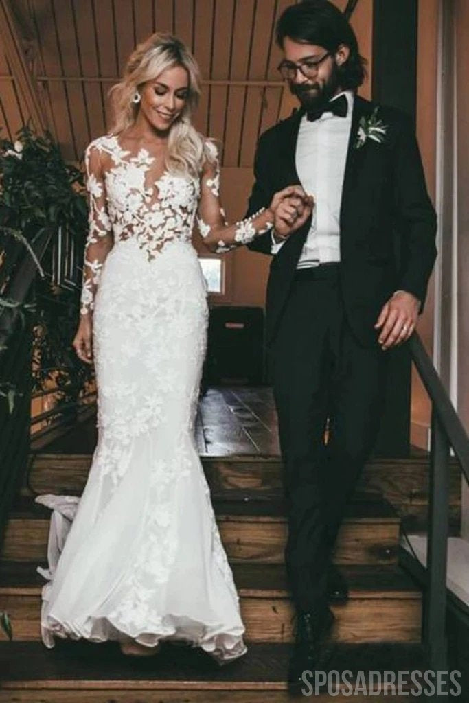 Sexy Long Sleeves See Through Mermaid Wedding Dresses Online, Cheap Wedding Gown, WD661