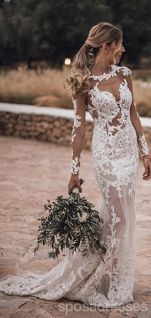 Long Sleeves Backless Lace Mermaid Wedding Dresses Online, Cheap Bridal Dresses, WD627