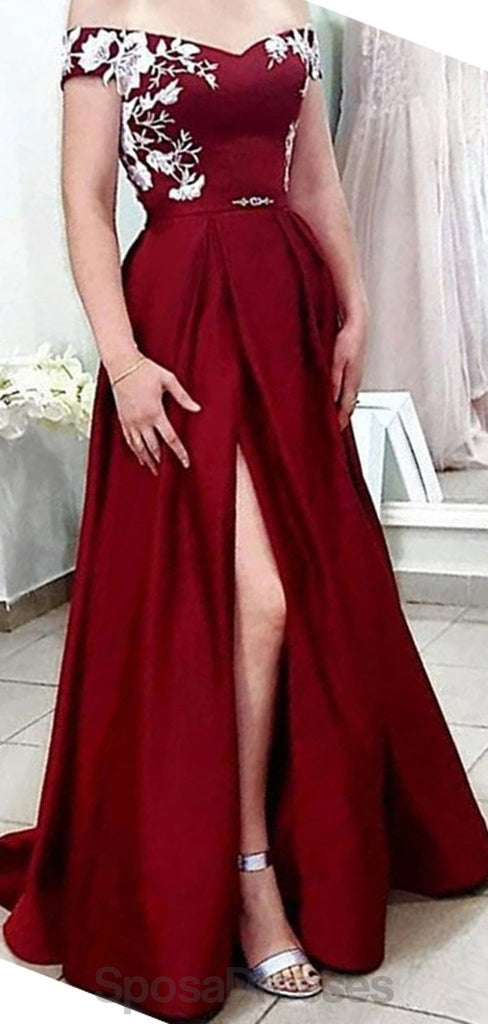 Off Shoulder Dark Red Side Slit Cheap Evening Prom Dresses, Evening Party Prom Dresses, 12148