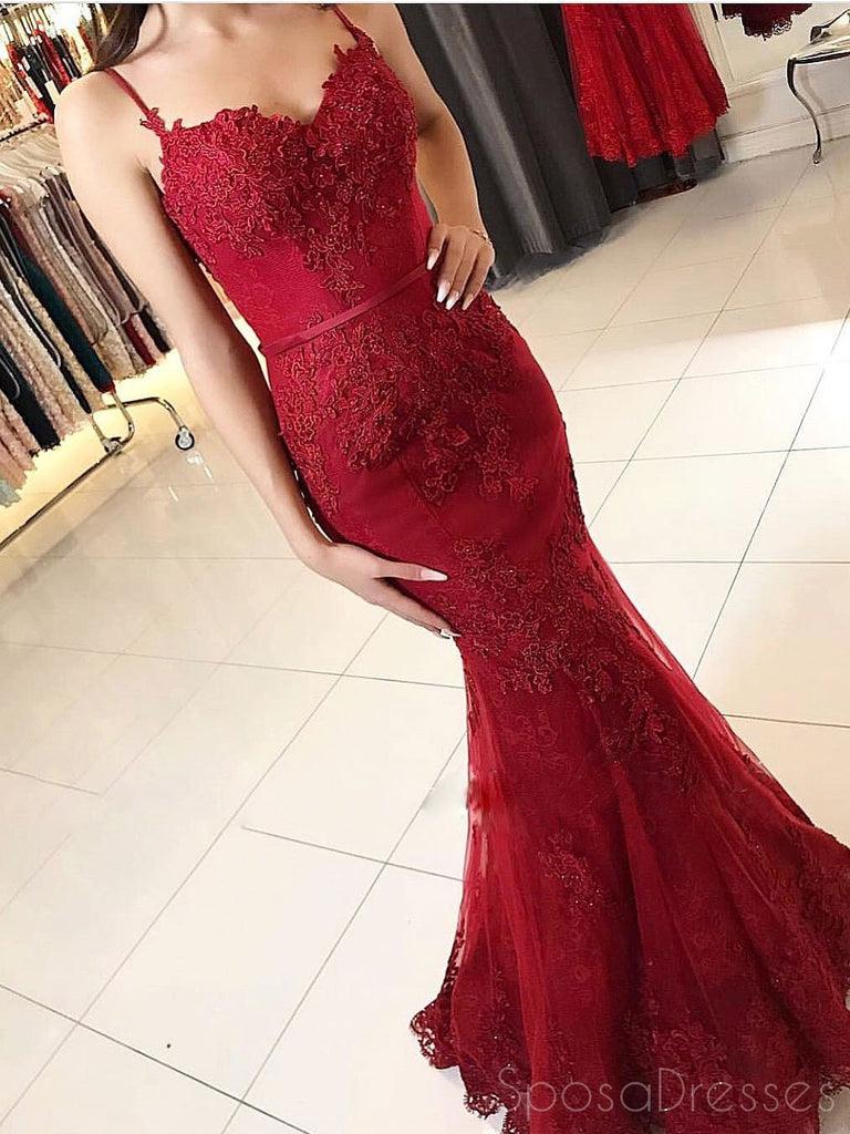 Spaghetti Straps Red Lace Mermaid Long Evening Prom Dresses, 17505