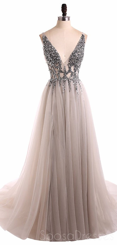 Grey V Neck See Through Beaded Long Evening Prom Dresses, Cheap Sweet 16 Dresses, 18351