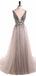 Grey V Neck See Through Beaded Long Evening Prom Dresses, Cheap Sweet 16 Dresses, 18351