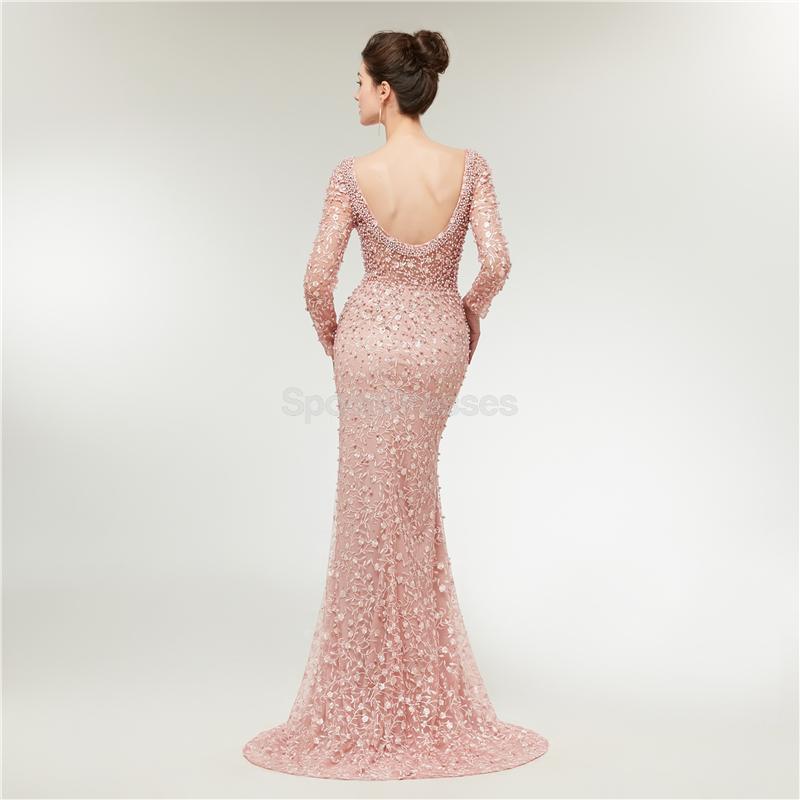 Long Sleeves Lace Mermaid Peach Evening Prom Dresses, Evening Party Prom Dresses, 12020