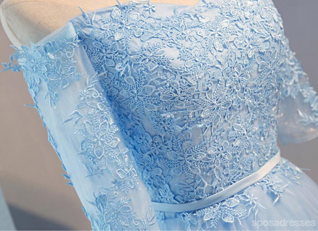 Off Shoulder Short Sleeve Blue Lace Homecoming Prom Dresses, Affordable Short Party Prom Dresses, Perfect Homecoming Dresses, CM287