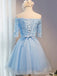 Off Shoulder Short Sleeve Blue Lace Homecoming Prom Dresses, Affordable Short Party Prom Dresses, Perfect Homecoming Dresses, CM287