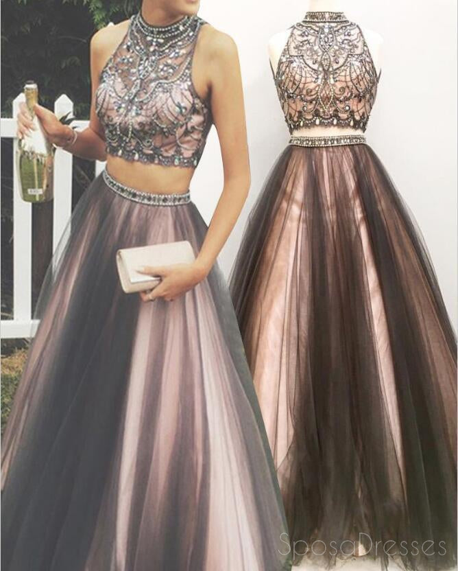 Sexy Two Pieces A line Beaded Evening Prom Dresses, Halter Long Tulle Party Prom Dress, 17085