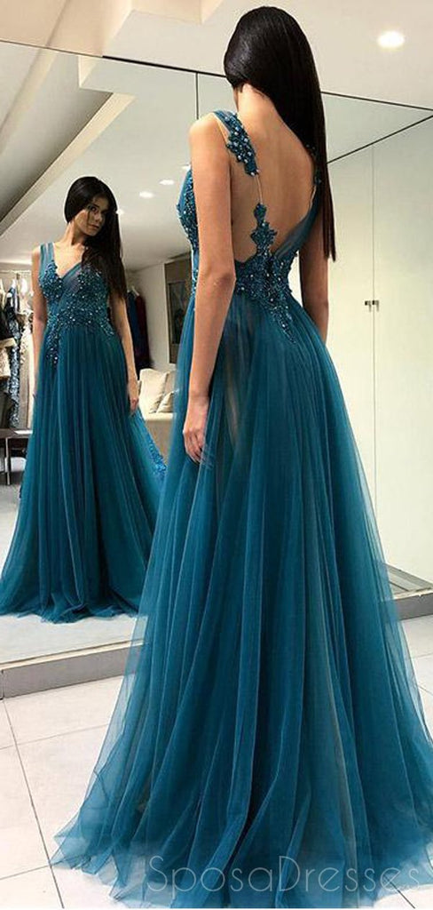 Unique Teal V Neck Side Slit A-line Long Evening Prom Dresses, Cheap Sweet 16 Dresses, 18350