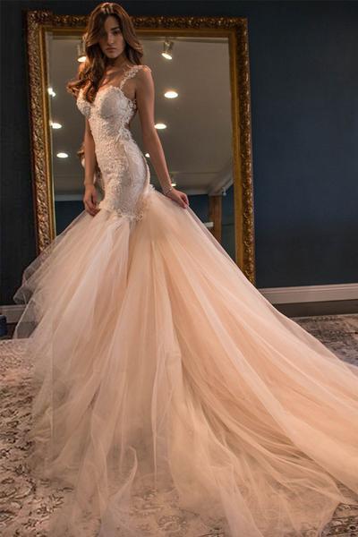 Sexy Backless Lace Mermaid Wedding Dresses, 2017 Tulle Cheap Wedding Gown, 17089