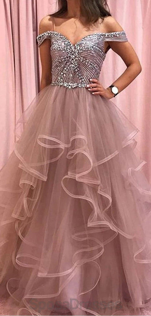 Off Shoulder Beaded Bodice Ruffle Skirt Long Evening Prom Dresses, Evening Party Prom Dresses, 12173