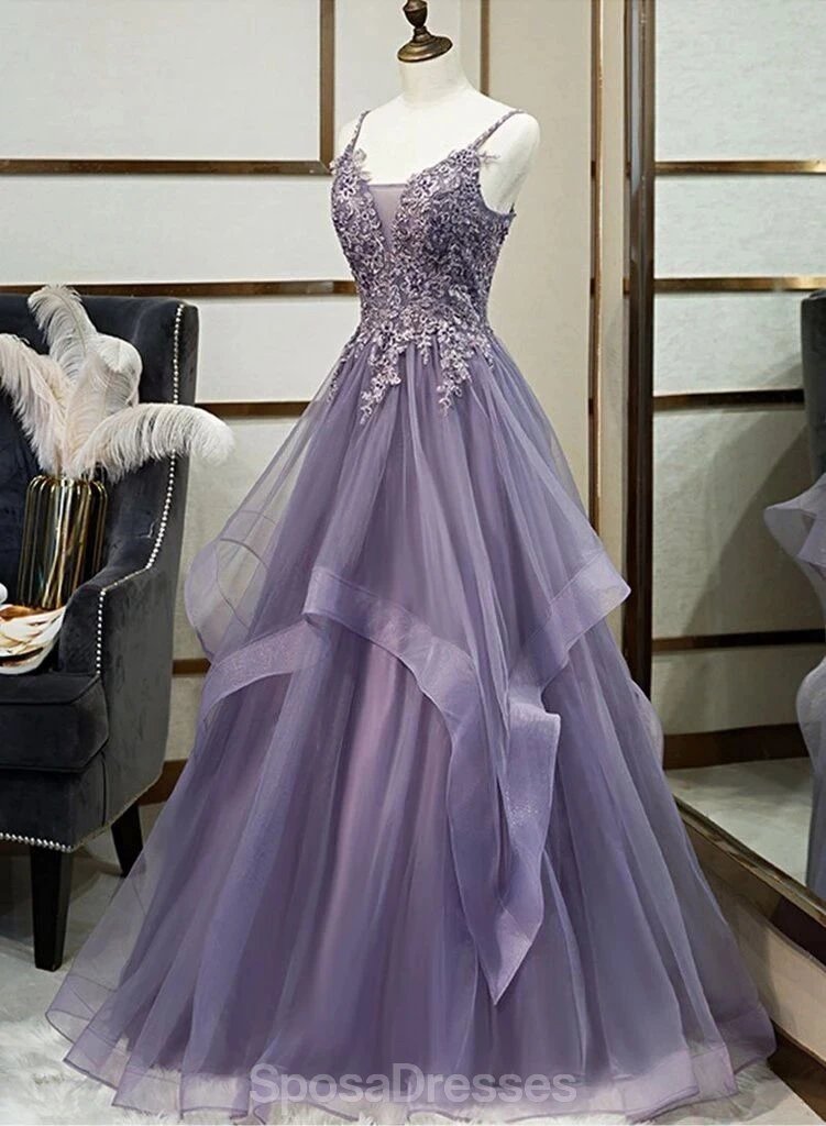 Grey Purple Ruffles Lace Beaded Long Cheap Evening Prom Dresses, Evening Party Prom Dresses, 12335
