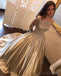 Off Shoulder Long Sleeve Gold Beaded A line Sparkly Evening Prom Dresses, 17159
