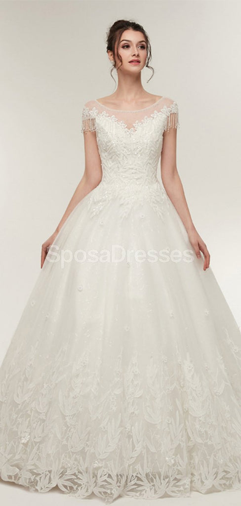 Scoop Cap Sleeves Lace A-line Cheap Wedding Dresses Online, Unique Bridal Dresses, WD570