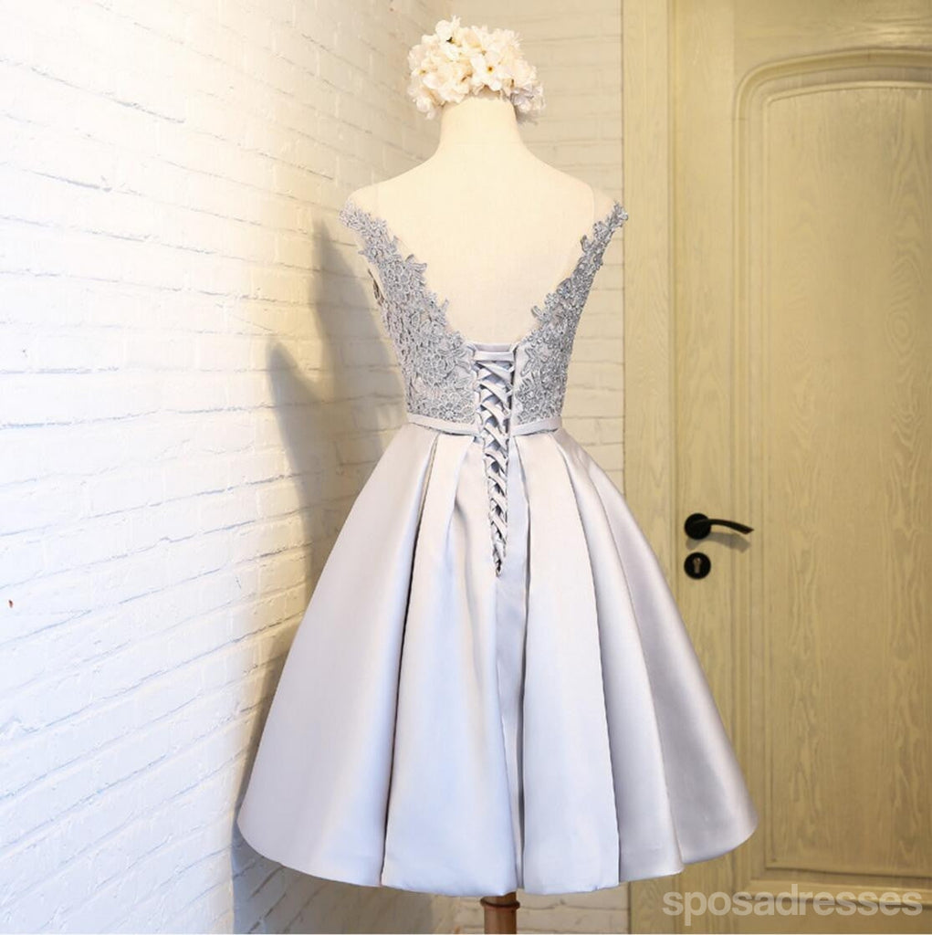 Scoop Neckline Two Straps Gray Lace Beaded Homecoming Prom Dresses, Affordable Short Party Prom Dresses, Perfect Homecoming Dresses, CM289