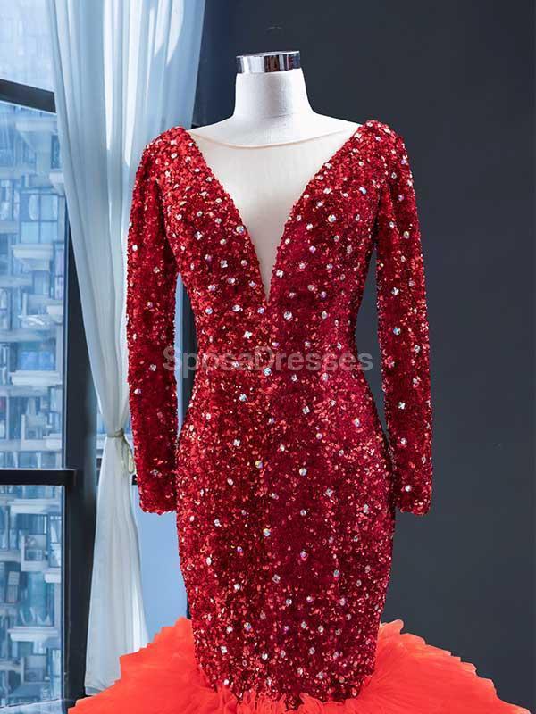 Red Long Sleeves Ruffles Mermaid Evening Prom Dresses, Evening Party Prom Dresses, 12236