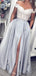 Off Shoulder Silver Grey Side Slit Evening Prom Dresses, Evening Party Prom Dresses, 12144