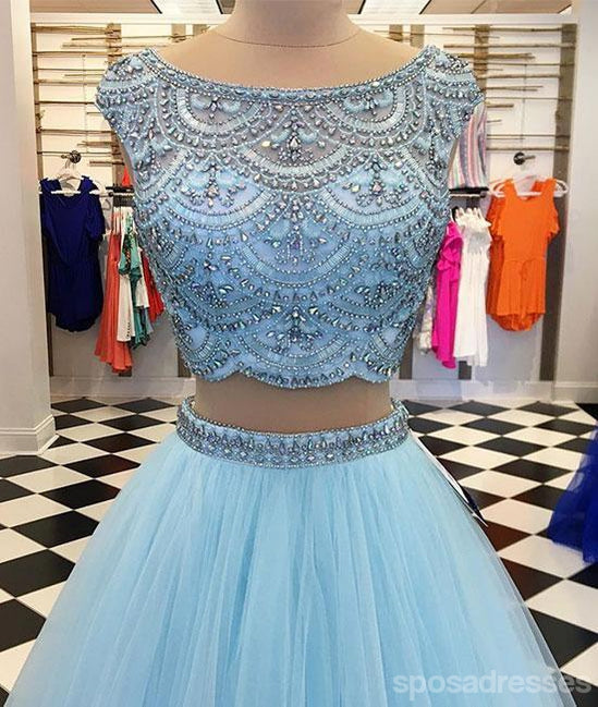 Sexy Two Pieces Cowl Heavily Beaded Blue Long Evening Prom Dresses, Cheap Sweet 16 Dresses, 18443