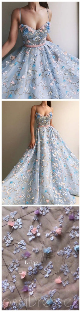 Spaghetti Straps Lace Flower A-line Long Evening Prom Dresses, Cheap Sweet 16 Dresses, 18448