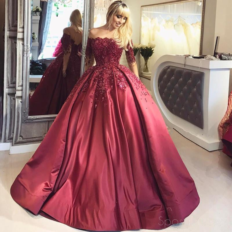 Off Shoulder 1/2 Long Sleeve A line Red Evening Prom Dresses, Popular 2018 Party Prom Dresses, Custom Long Prom Dresses, Cheap Formal Prom Dresses, 17211