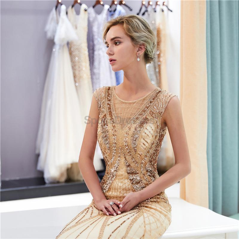 Gold Rhinestone Jewel Heavily Beaded Mermaid Evening Prom Dresses, Evening Party Prom Dresses, 12040