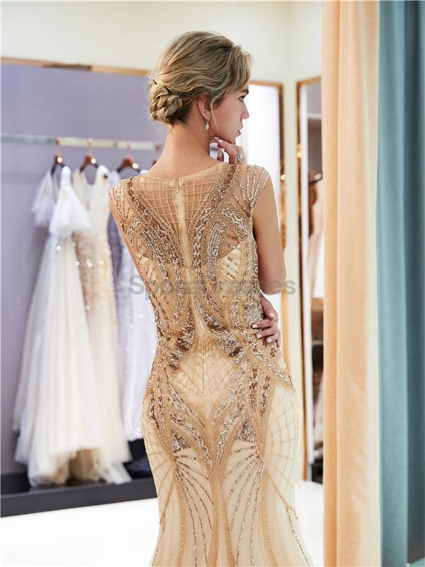 Gold Rhinestone Jewel Heavily Beaded Mermaid Evening Prom Dresses, Evening Party Prom Dresses, 12040