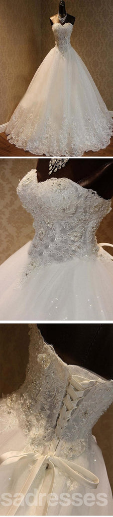 Luxury Sweetheart Rhinestone Beaded White Lace Wedding Dresses, Tulle Bridal Gown, WD0025