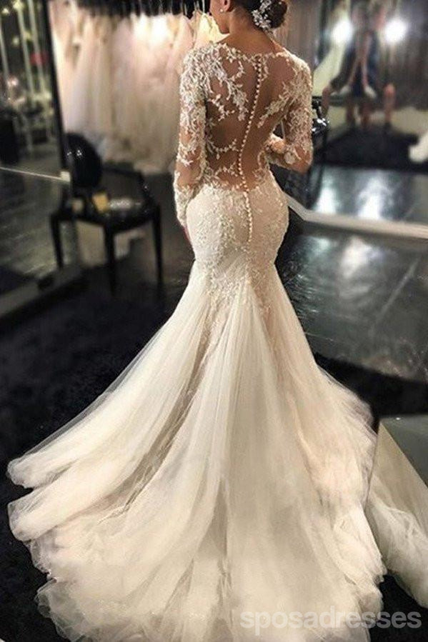 Long Sleeve Lace Mermaid Wedding Dresses,  See Through Long Custom Wedding Gowns,17101