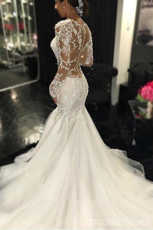 Long Sleeve Lace Mermaid Wedding Dresses,  See Through Long Custom Wedding Gowns,17101