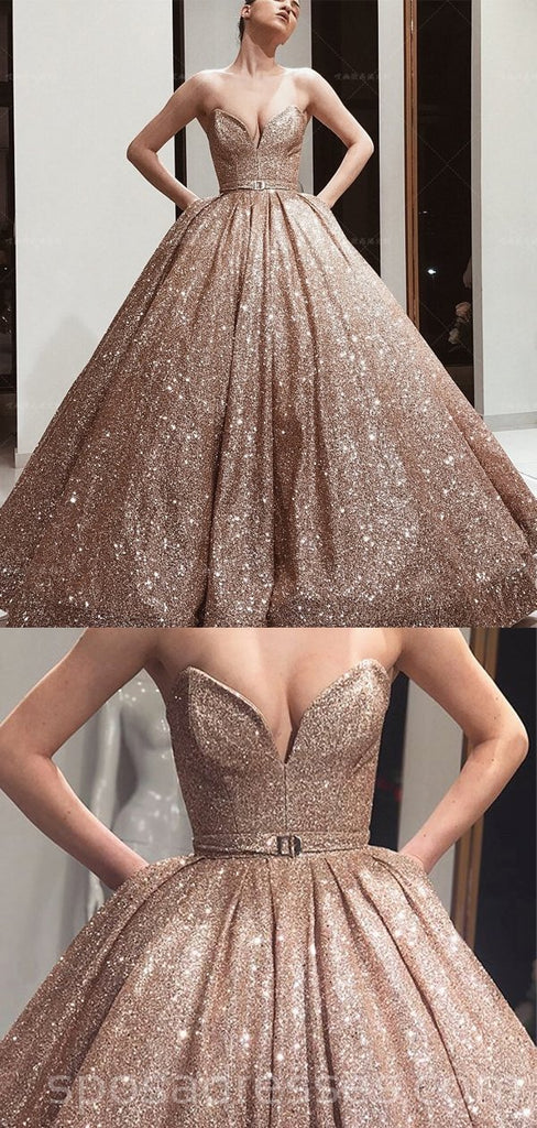 Gold Sequin Ball Gown Sparkly Long Evening Prom Dresses, Evening Party Prom Dresses, 18619
