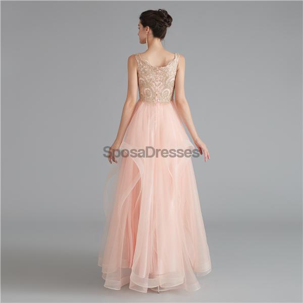 V Neck Peach A-line Gold Bodice Evening Prom Dresses, Evening Party Prom Dresses, 12120