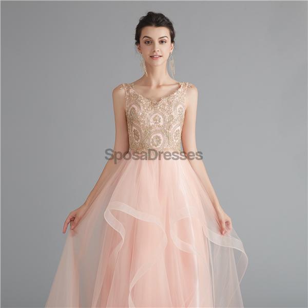 V Neck Peach A-line Gold Bodice Evening Prom Dresses, Evening Party Prom Dresses, 12120