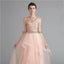 V Neck Peach A-line Gold Bodice Evening Prom Dresses, Evening Party Prom Dresses, 12120
