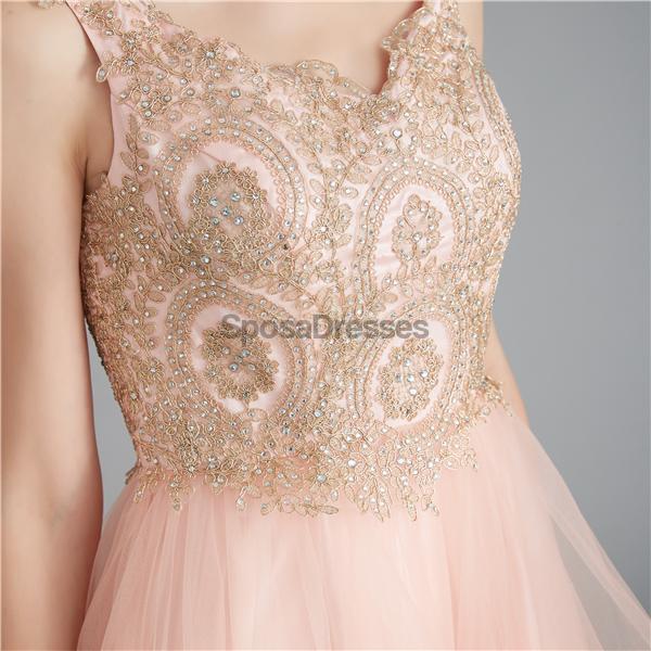V Neck Peach A-line Gold Bodice Evening Prom Dresses, Evening Party Prom Dresses, 12120