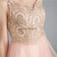 V Neck Peach A-line Gold Bodice Evening Prom Dresses, Evening Party Prom Dresses, 12120