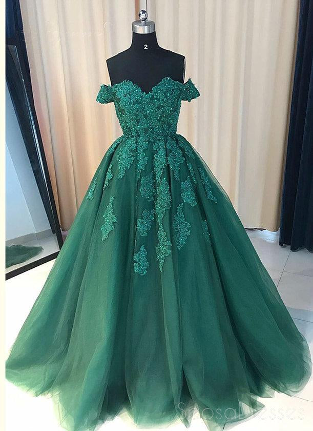 Off Shoulder Emerald Green Lace A line Long Custom Evening Prom Dresses, 17428