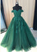 Off Shoulder Emerald Green Lace A line Long Custom Evening Prom Dresses, 17428