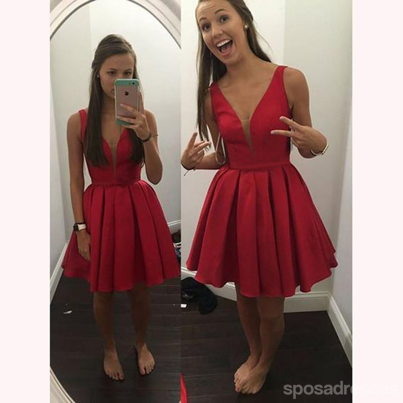 Short Cheap V Neck Simple Red Homecoming Dresses Under 100, CM462