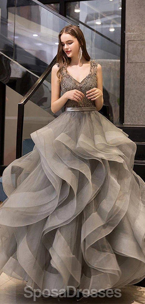 V Neck Grey Heavily Beaded Ruffle Ball Gown Evening Prom Dresses, Evening Party Prom Dresses, 12208
