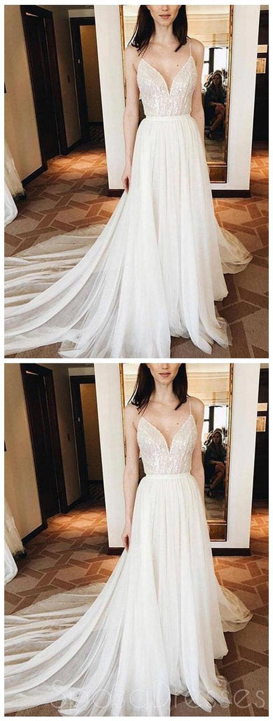 Spaghetti Straps V Neck Ivory Soft Tulle Cheap Long Evening Prom Dresses, Cheap Sweet 16 Dresses, 18367