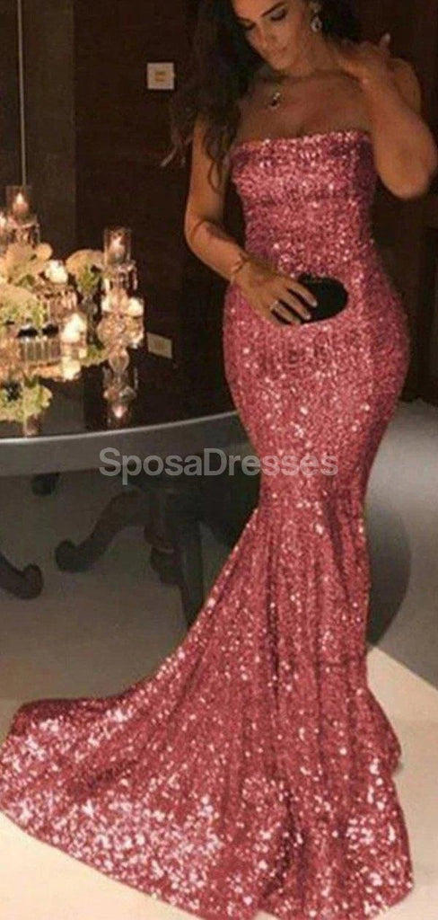 Strapless Sequin Mermaid Cheap Long Evening Prom Dresses, Evening Party Prom Dresses, 12309