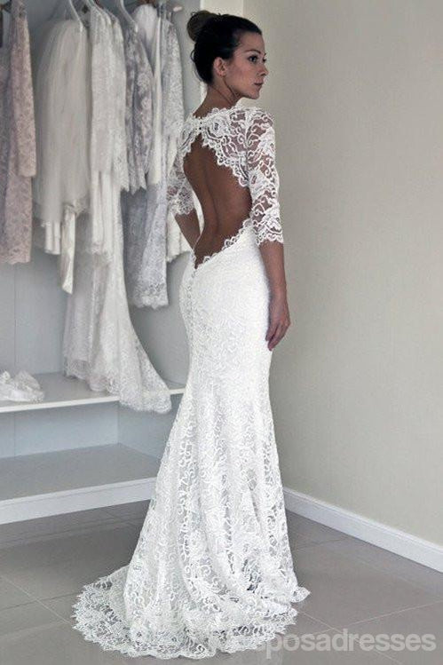 Long Sleeve Lace Open Back Mermaid Wedding Dresses, Long Custom Wedding Gowns,  17117